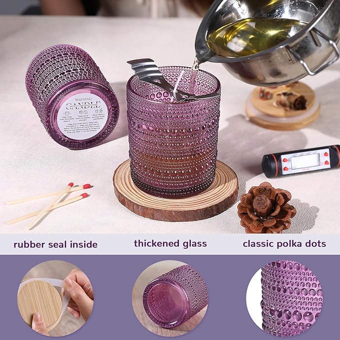 DARJEN 12 Pack Purple Candle Jars - 8 OZ Empty Glass Containers With Bamboo Lids and Labels for Making Candles, DIY Home Supplies