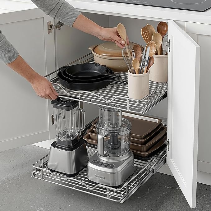 2-Tier Pull-Out Cabinet Organizer with Heavy-Duty Steel Frame, Full-Extension Sliding Shelves, Holds 100 lbs, Easy Install for Kitchen, Pantry & Under Sink Cabinets, 20" W x 21”D x 16.5" H