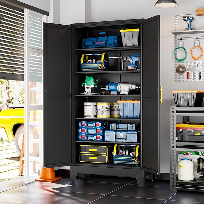 Black Metal Storage Cabinet,75" Steel Cabinets for Home Office, Kitchen Pantry Storage Cabinet with Doors and 5 Adjustable Shelves, Tool Cabinets, for Office, Home, Garage, School, 36W