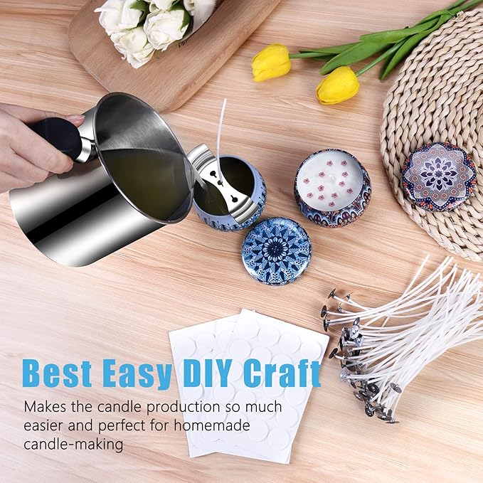 Candle Making Pouring Pot, DINGPAI 44oz Double Boiler Wax Melting Pot, 1pc Spoon, 304 Stainless Steel Candle Making Pitcher, Silver Color with Heat-Resistant Handle and Dripless Pouring Spout Design