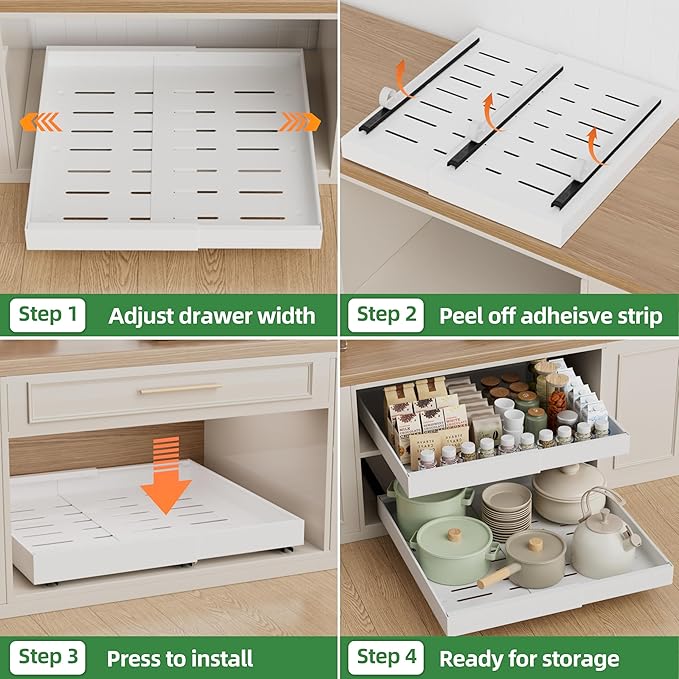 PAKETA 2 Pack Expandable Pull Out Cabinet Organizer, 21'' Deep Pull Out Drawers for Cabinets, Upgrade 3 Slide Rails Sliding Drawers for Cabinets with Adhesive Nano Film (White, 21"D X 12-20"W)