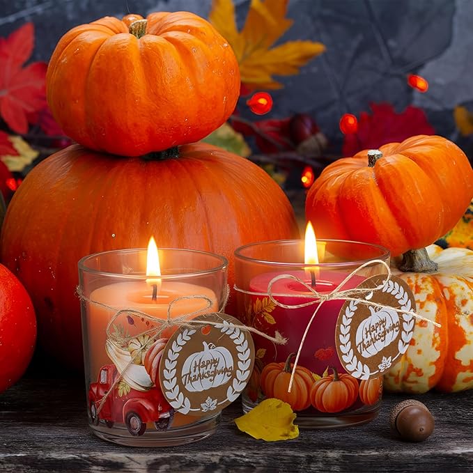 Potchen 12 Pack Thanksgiving Pumpkins Clear Candle Jars for Making Candles 7 oz Empty Glass Jars with Wood Lids and Blessing Card Harvest Candle Containers for DIY Gifts Home Tea Party Holiday Decor