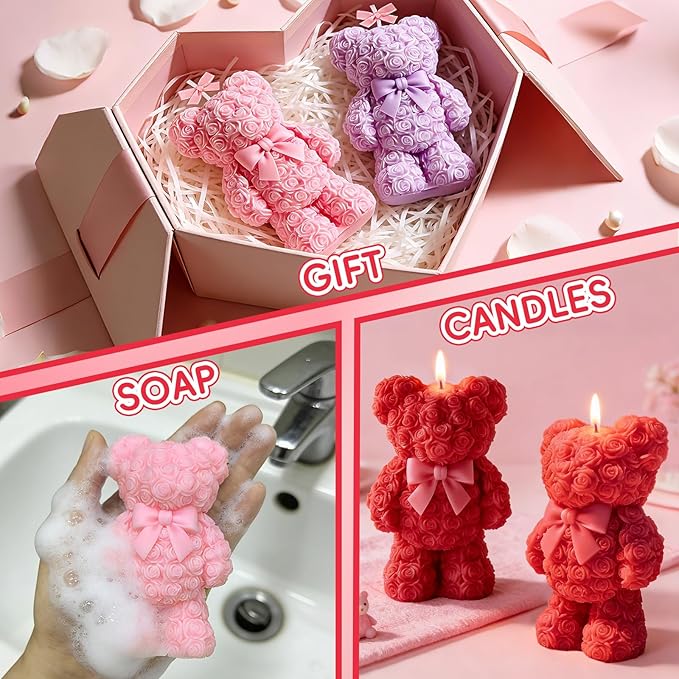 Standing Rose Bear Silicone Molds, Rose Teddy Bear Molds for Candles Making Handmade Soap Epoxy Resin Casting Home Decor Valentine/Mothers Day/Wedding/Anniversary/Birthday Gifts