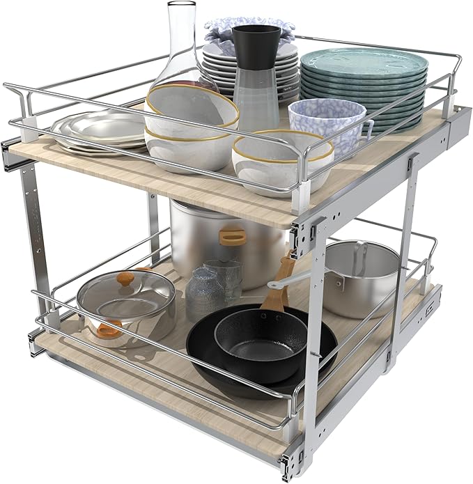 2 Tier Pull Out Cabinet Organizer 20" W X 22" D, Slide Out Drawers For Kitchen Cabinets, Pull Out Drawers For Cabinets Capacity Heavy Duty Caddy, Cabinet Pullout Shelves Wood Chrome, Pantry Storage