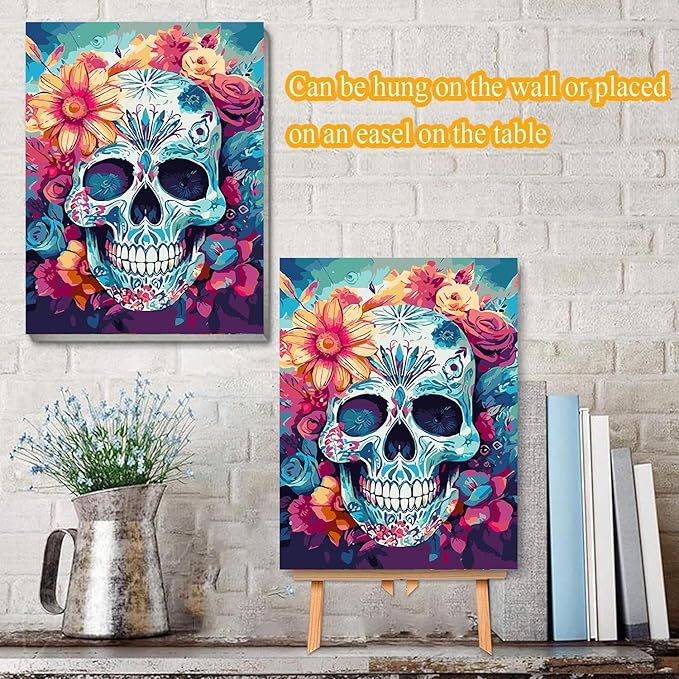 Meothan Paint by Numbers Kits for Adults, Skull Flowers Paint by Numbers Kits on Canvas, with Framed and Easel for Home Wall Decor 12x16inch