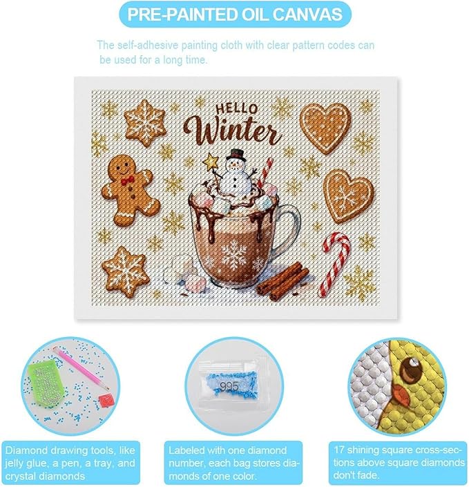 Diamond Painting Kits for Adults - Hello Winter Ice Cream & Gingerbread Snowflakes & Candles Painting DIY 5D Full Drill Diamond Dots Paintings with Diamonds Gem Art And Crafts Home Decor 12"x16"