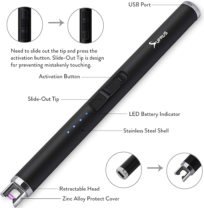 SUPRUS Lighter Electric Candle USB Type C Rechargeable Lighter with Upgraded LED Battery Display Safety Switch Flameless Plasma Windproof for Cooking BBQs Fireworks
