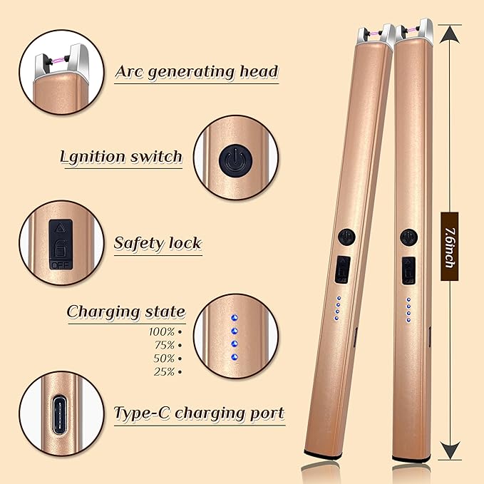 2 PCS Candle Lighter,Windproof Flameless Electric Lighter with LED Power Display ＆ Safety Switch, Upgraded Plasma USB Rechargeable Lighters for Birthday Camping BBQ (Champagne Gold)