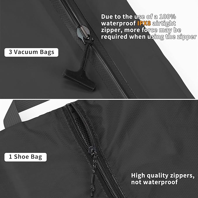 4 Set Vacuum Bags for Travel, Professional Reusable Organizer Bag with IPX8 Waterproof Zipper, Compression Bag for Suitcases, Durable Seal Space Saver Bags (Black,with pump)