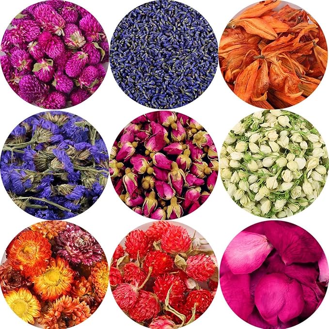 9 Bags Set Dried Flowers Artisan Dried Flower Kit - Candle Making Soap Making DIY Candel Natural Flowers-Lemon,Lavender,Roseleaf,Pink Rose,Red Rose,Jasmine,Rose Petal and More