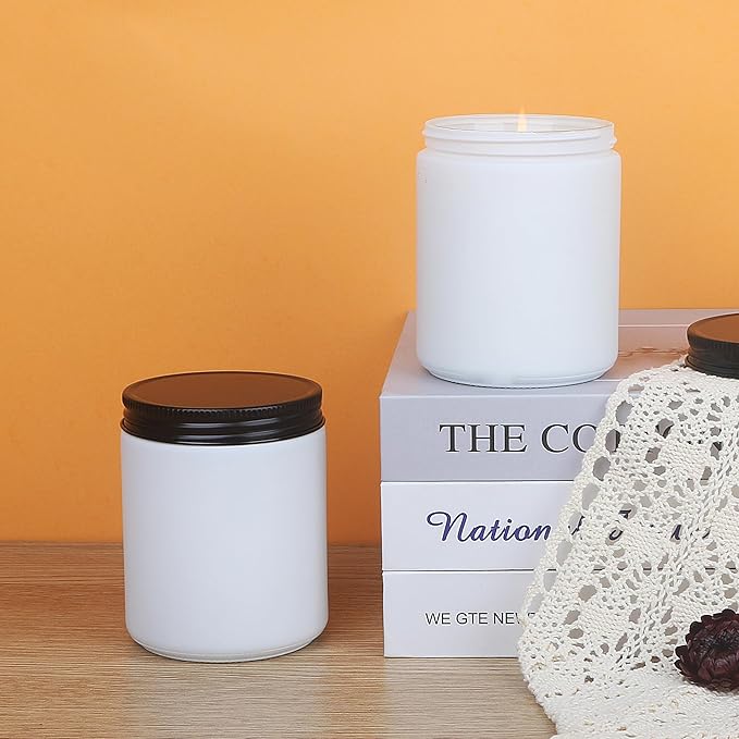 MILIVIXAY 12 Pack 8 OZ Thick Glass Frosted White Candle Jars with All Black Metal Lids-Bulk Empty Candle Jars for Making Candles-Canning Jar for Spice, Liquid, Sample- Dishwasher Safe.