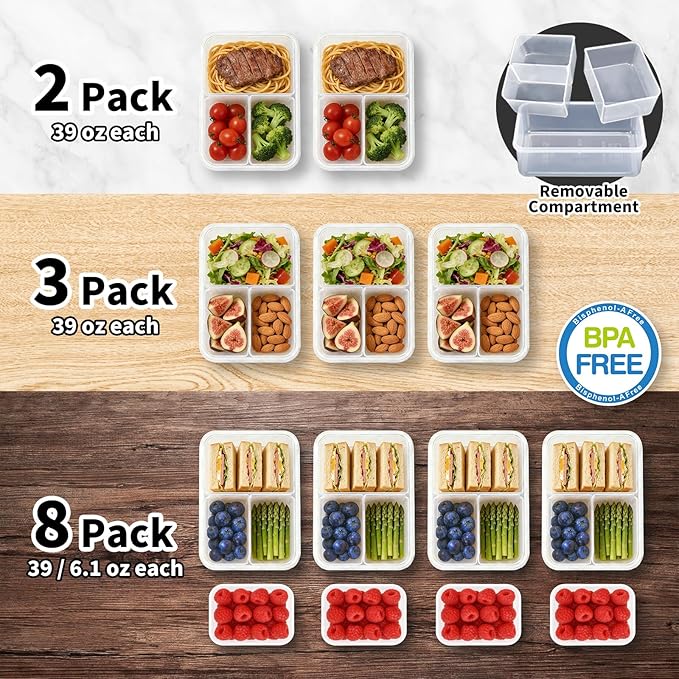 KIGI Meal Prep Containers for Adult Lunch & Snacks, Leak-Proof, BPA-free Plastic, Removable Divided Inserts, Airtight lids, 3 Compartment Food Storage, Microwave Safe, Bento Box, 4.7 Cup, 12 Piece Set