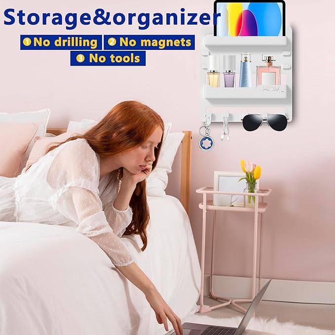 Bedside Shelf Wall Mount,Floating Bedside Adhesive Shelves Accessories,Wall Shelf Organizer and Storage for Bedroom,Camper,Dorm,Apartment-Phone,Earphone,Kindle,Remote Holder,Cable Clip,5 Hooks-White