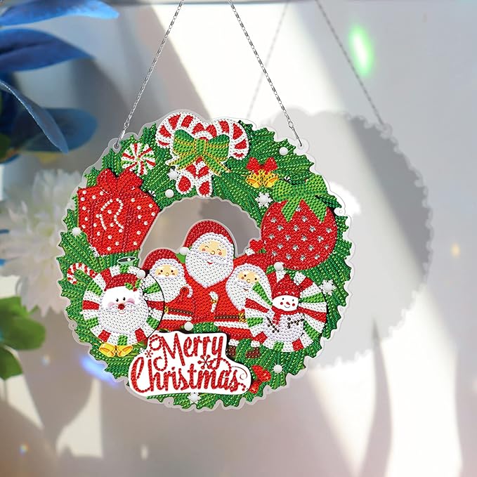 Diamond Art Painting Santa Claus Wreath Hanging Ornament with LED Light String 5D DIY Snowman Rhinestone Art Christmas Wreaths Special Shaped Diamond Paint by Number Mosaic Kits Front Door Wall Decor