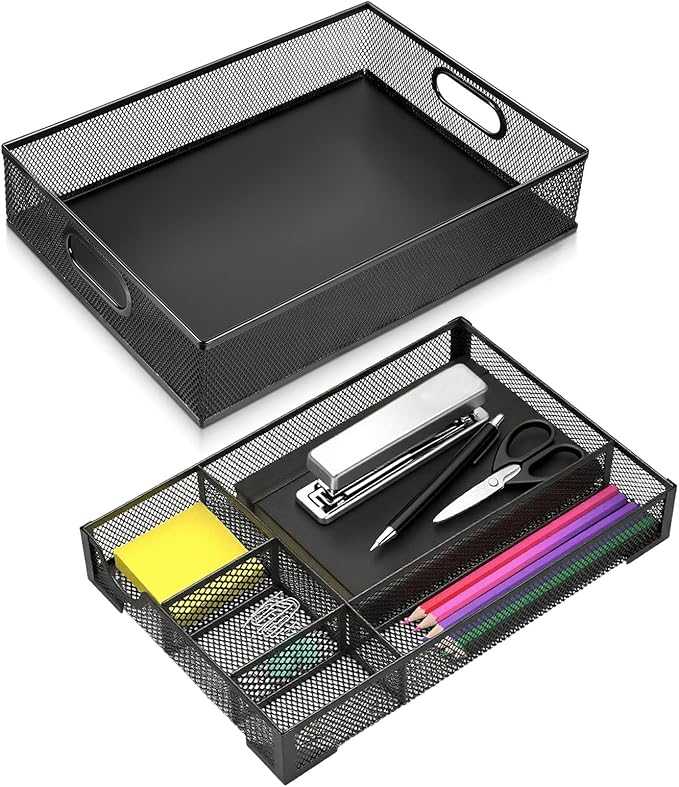 2 Pack Desk Drawer Organizer, Metal Mesh Drawer Organizer Tray for Office Home Supplies