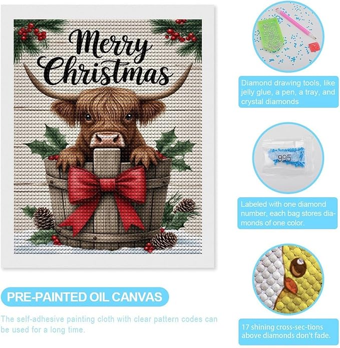 AIVKIEJK Diamond Painting Kits for Adults - Highland Cow Merry Christmas Painting DIY 5D Full Drill Diamond Dots Paintings with Diamonds Gem Art and Crafts Home Decor 16"x20"