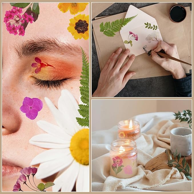 CONVELIFE Dried Flowers , 72pcs Natural Pressed Flowers and Leaves with Tweezers, Pressed Flowers for Epoxy, Jewelry, Candles, Soap, Nail Production