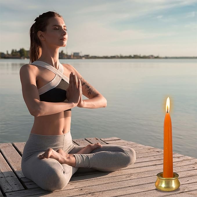 Mini Taper Candle Meditation Candles,Pumpkin 20 Minute Prayer Candlestick Dripless Beeswax Candles with Brass Candle Holder for Yoga & Spiritual Rituals,30-ORABRO