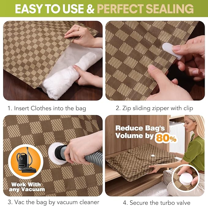 6 Pack Cloth Vacuum Storage Bags, Vacuum Seal Bags for Clothing with Hand Pump, 2 Large+4 Medium, 80% Space Saver Bags for Luggage, Comforters,Blankets, Home Travel Essentials(Khaki Checkered)