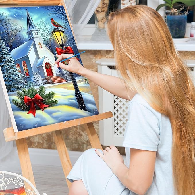 Bowetile Winter Paint by Numbers for Adults Framed Christmas, Church Adults' Paint-by-Number Kits, Adult Paint by Number Kits on Canvas, Acrylic Number Painting for Home Decor, 8x12in