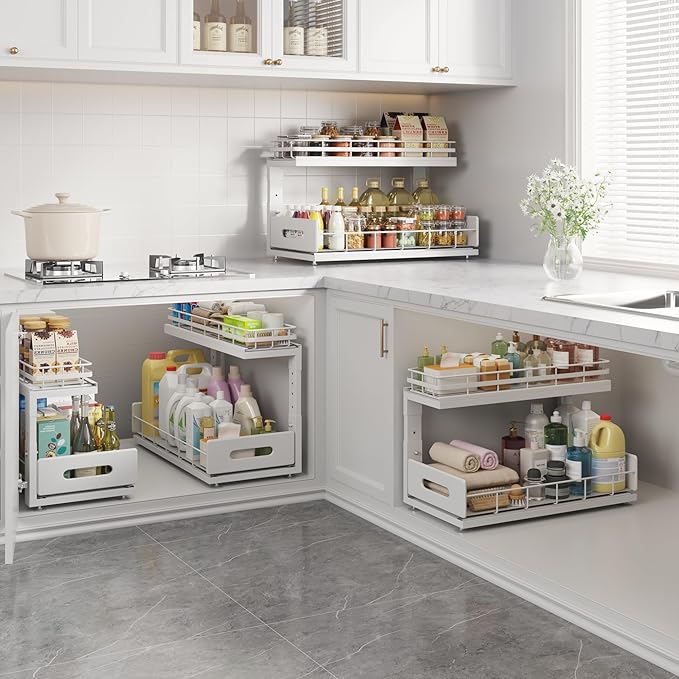 Under Sink Organizer Upgrade To Professional Rails,2-Tier Dual Pull Out Cabinet Storage,Height Adjustable Slide Out Drawers For Bathroom Kitchen,1 Pack-18.5"Dx12.8"-16.9"H,White