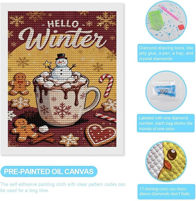 Diamond Painting Kits for Adults - Hello Winter Ice Cream & Gingerbread Snowflakes & Candles Painting DIY 5D Full Drill Diamond Dots Paintings with Diamonds Gem Art And Crafts Home Decor 16"x20"