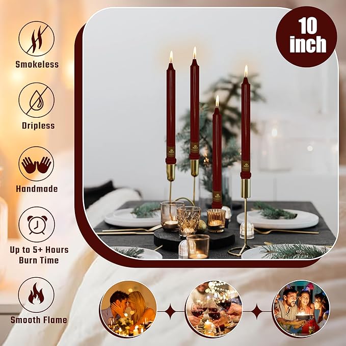 Red Taper Candles Unscented Taper Candlesticks 10 Inch Long Dinner Candle Sticks 4 PCS Smokeless Candle for Christmas Household Wedding Home Decor