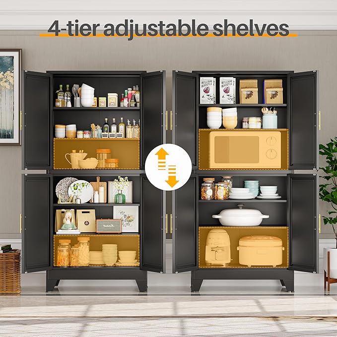 75" H Tall Kitchen Pantry Cabinet, Pantry Storage with Doors and 3 Adjustable Shelves, Metal Storage, Cupboard for Kitchen, Black