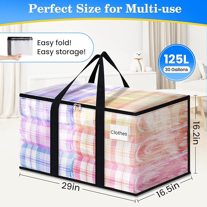 BlissTotes 2-Pack Large Moving Bags with Backpack Straps & Strong Zippers, Heavy-Duty Storage Bags Moving Boxes for Space Saving, Dorms, Transport, 125L-30 Gallons, Clear