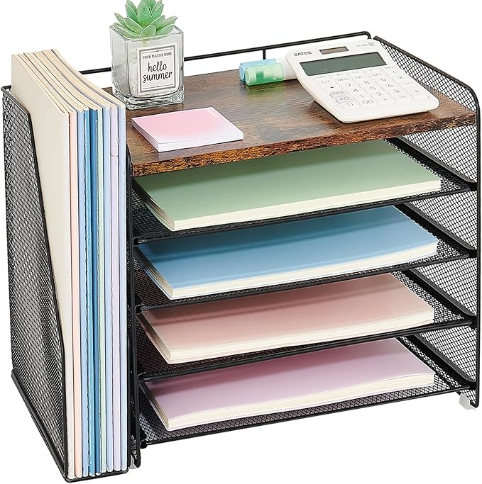 OPNICE Desk Organizer, 5-Tier Paper Organizer Letter Tray with Magazine Holder, Office Desk Accessories & Workspace Organizers, Desktop File Organizer for Office Supplies Storage, Wood