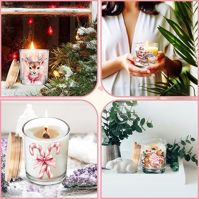 Ziliny 10 Pcs Pink Christmas Glass Candle Jars Empty Containers Bulk 7 oz Pink Elk Snowman Santa Claus Glass Jars with Cork Lids Tins for Candle Making Storing Biscuits Party Favors