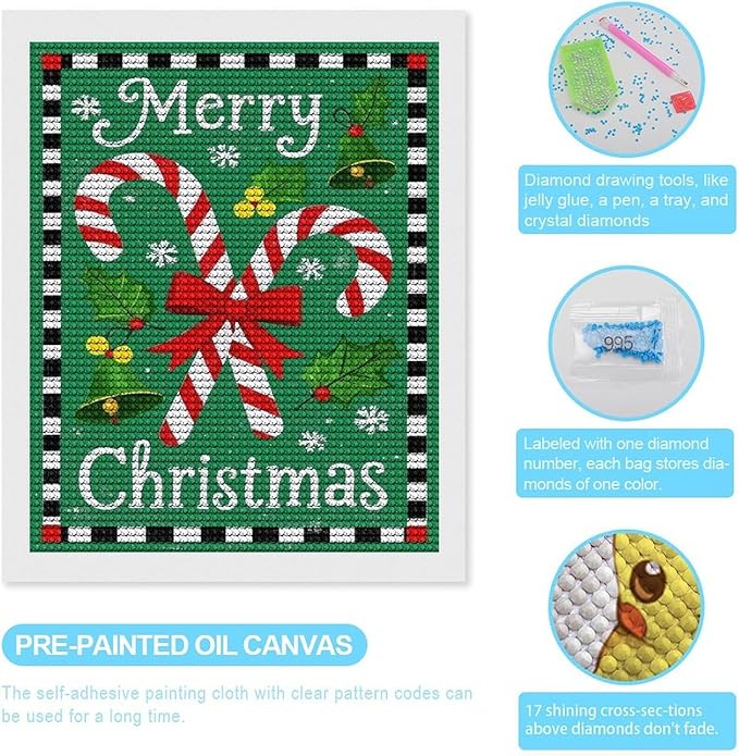 AIVKIEJK Diamond Painting Kits for Adults - Festive Merry Christmas Red Bow, Candy Cane & Bell Painting DIY 5D Full Drill Diamond Dots Paintings with Diamonds Gem Art and Crafts Home Decor 16"x20"