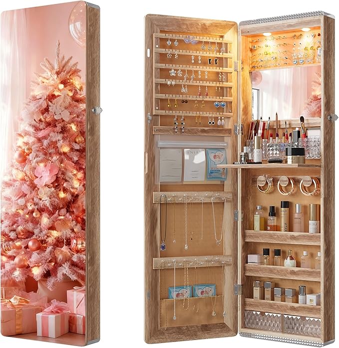 Lvifur 47.2" LED Jewelry Mirror Cabinet,Lockable Wall/Door Mounted Full Length Mirror with Storage, Over the Door Hanging Jewelry Organizer-2 Drawers,Foldable Shelf, Built-in Lighted Mirror (Wood)
