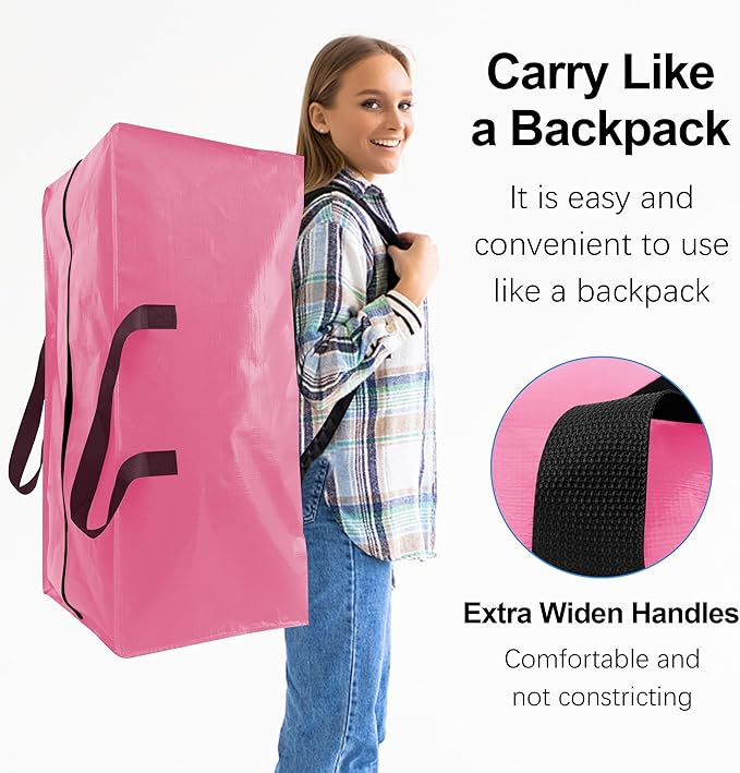 VELVETSURE 12 Pack Heavy Duty Large Moving Bags W/Backpack Straps - Strong Handles & Zippers, Storage Totes For Space Saving, Fold Flat, Alternative to Moving Box and Storage Bin, Pink