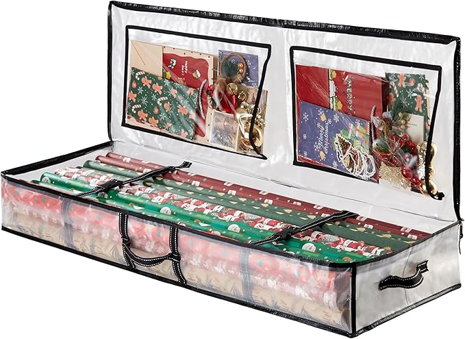 VENO Clear Wrapping Paper Organizer Storage Box for Christmas Gift Bags and Holiday Accessories, Underbed Storage Container with Interior Pockets, 40 Inches Long Fits 24 Rolls