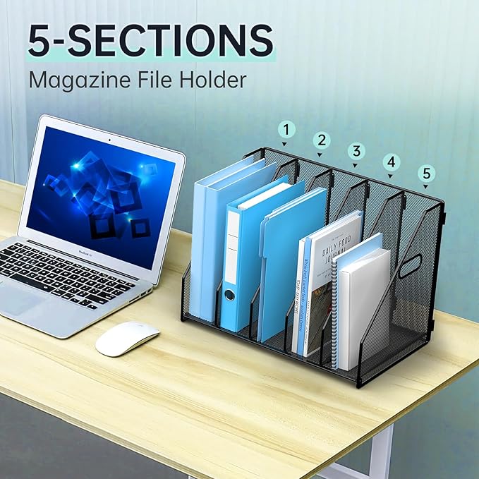 MINDEPOT Desk File Organizer Metal Desk Magazine Folder Holder with 5 Vertical Compartments Rack File Organizer for Office, Home, School, Black