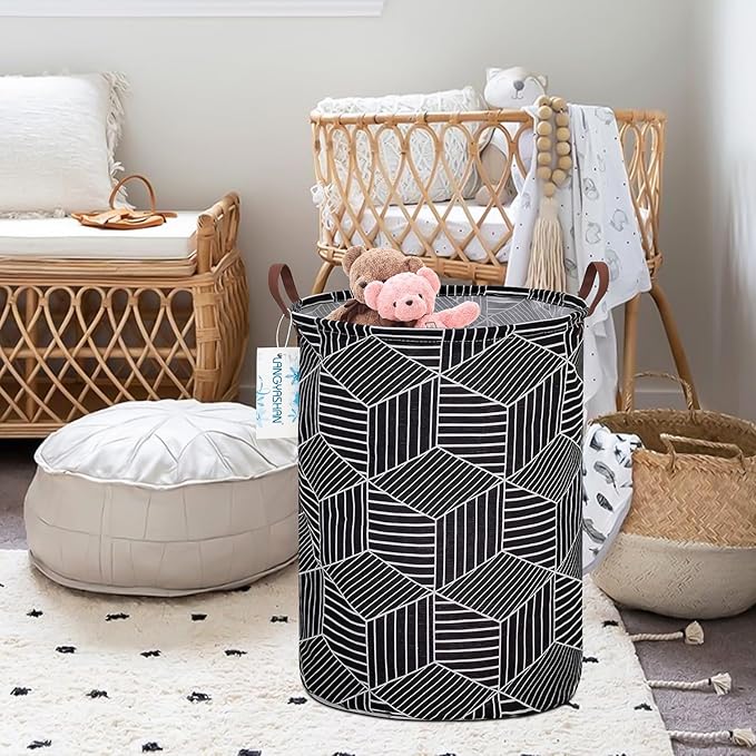 LANGYASHAN Laundry Basket Canvas Fabric Collapsible Organizer Basket for Storage Bin Toy Bins Gift Baskets Bedroom Clothes Children Nursery Hamper (Black diamond)
