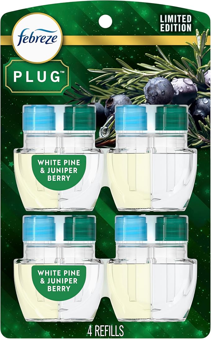 Febreze Plug in Air Freshener, Odor-Fighting Scented Oil Refill, for Home, Bathroom, & Kitchen, Long Lasting, Limited Edition Holiday Winter Pine and Juniper Berry Scent, 0.87oz Refills, 4 Count