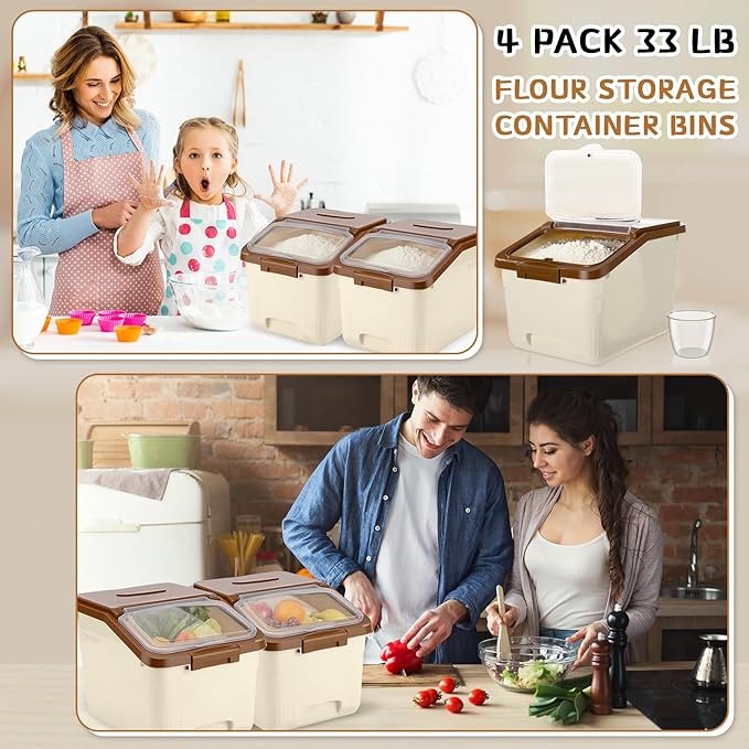Blushtier 4 Pack Large Rice Storage Containers 30 Lbs Airtight Flour Container with Seal Locking Lid and Measuring Cup Kitchen Dry Food Storage Bins for Cereal Sugar Beans(Khaki)
