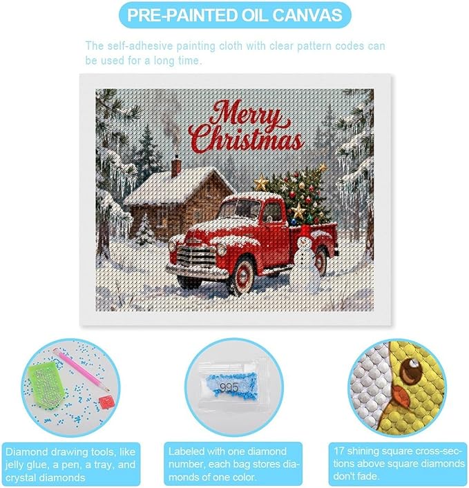 AIVKIEJK Diamond Painting Kits for Adults - Christmas Red Truck with Snowman, Snowy Cabin & Tree Painting DIY 5D Full Drill Diamond Dots Paintings with Diamonds Gem Art and Crafts Home Decor 16"x20"