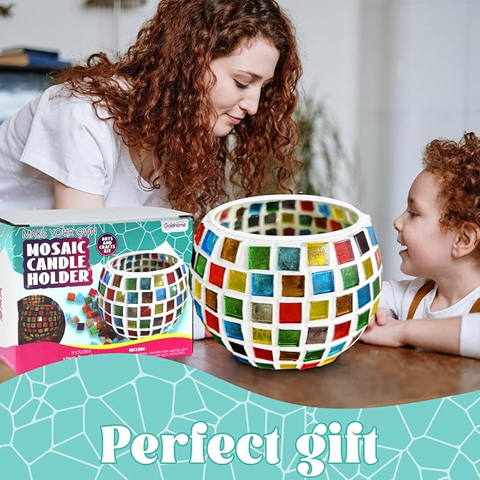 goldentime Glass Mosaic Candle Holder Kit, DIY Stained Glass Kit for Adults Home Decor Fun Arts and Crafts Gifts for Teens Adults Valentine Birthday Mother’s Day Gifts