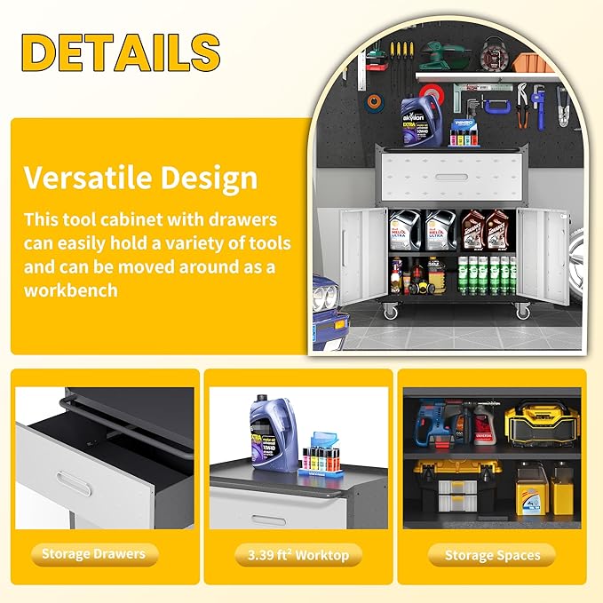 Garage Storage Cabinets with Wheels, Locking Metal Storage Cabinets with 2 Doors and 1 Drawer, Easy Assembly Tool Cabinet for Garage, Basement,Warehouse