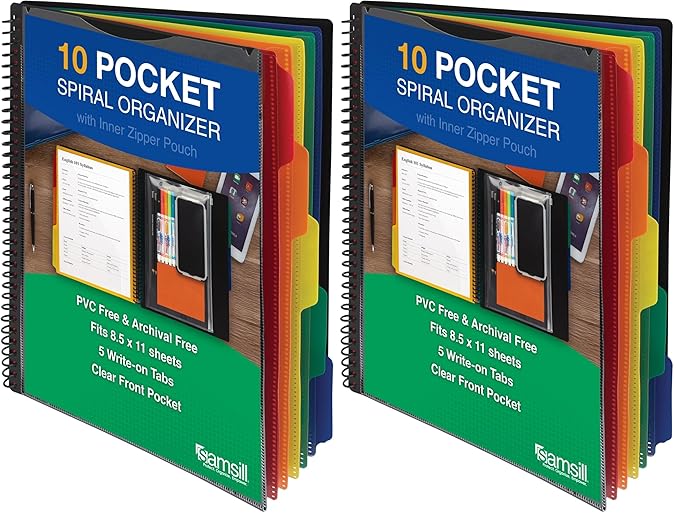 Samsill 10 Pocket Poly Organizer with 5 Dividers,File Folders Letter Size,Customizable Front Cover,Inner Zipper Pouch,Erasable Write-On Tabs in Assorted Colors,Plastic Folder with Pockets (Pack of 2)