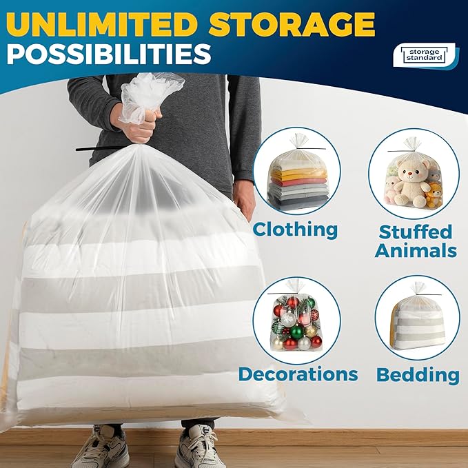 Storage Standard Large Clear Plastic Bags for Storage 6-Pack - Waterproof Extra Large Plastic Bags with Zip Ties, Heavy-Duty Cover for Clothes, Blankets, Linens & Bedding Organization - 32 x 42 Inches