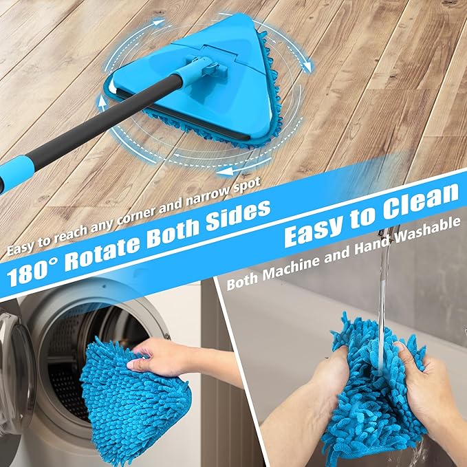NEWE Wall Mop Cleaner with 80 Inch Long Handle, 180° Folding Ceiling Cleaner with Squeegee, Cabinet Cleaning Tool, Wall Scrubber, Triangle Baseboard Scrubber, 4 Chenille Duster & 2 Microfiber Pads
