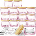 CONNOO 15 Pack 4 OZ Pink Glass Candle Jars with Airtight Bamboo Lids for Making Candles, Bulk Small Wide Mouth Empty Candle Containers with Sticky Warning Labels - Dishwasher Safe