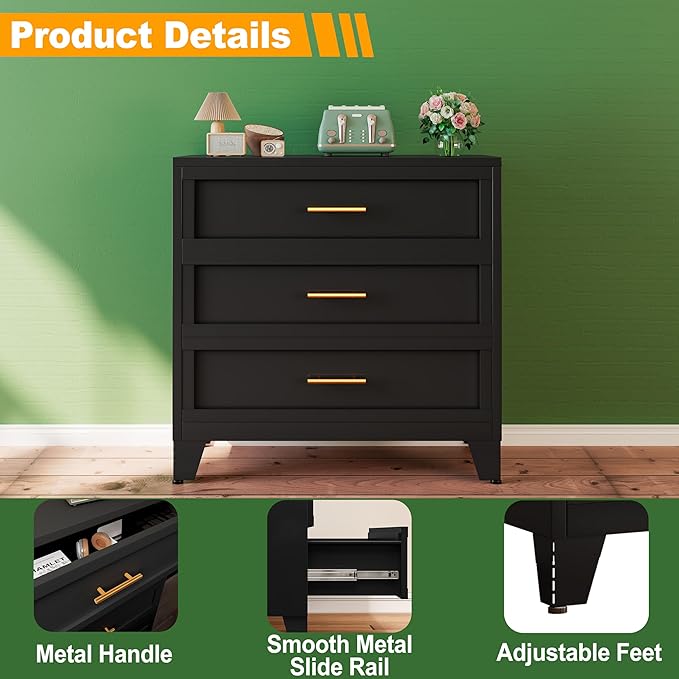 Ckzbx Metal Dresser for Bedroom 3 Drawers Dresser Metal Storage Organizer,34.25" H Drawer Chest, Closet Organizers for Living Room, Hallway, Closet (Black)