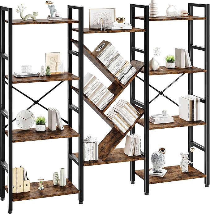 Triple 4 Tier Book Shelf, Large Industrial Bookcase with Storage Cabinet, Tall Bookshelf with Open Display Shelves Furniture for Living Room Bedroom Home Office Rustic Brown