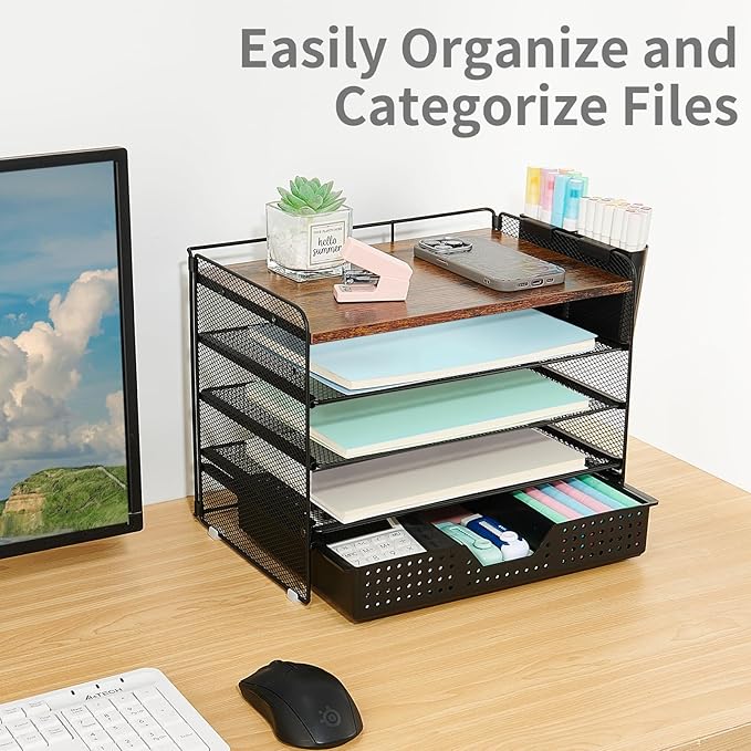 LEKETREE Desk Organizers and Accessories, 5-Tier Paper Letter Tray Organizer with Drawer & 2 Pen Holders, Desktop Organizer for Office Supplies (Wood)
