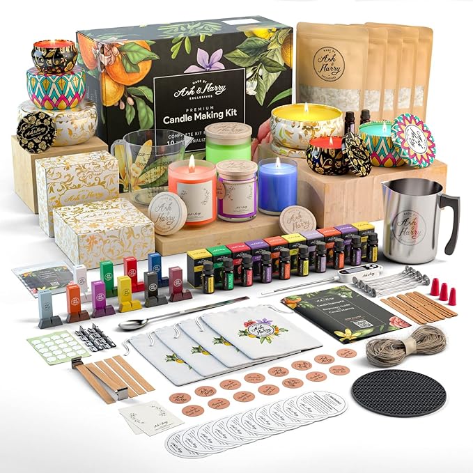 ASH & HARRY Premium Soy Candle Making Kit for Adults, Complete Gift Set with 10 Premium Tins & Jars, DIY Starter Candle Making Supplies, Perfect Home Decorations Holiday Gift Which Makes 10 Candles